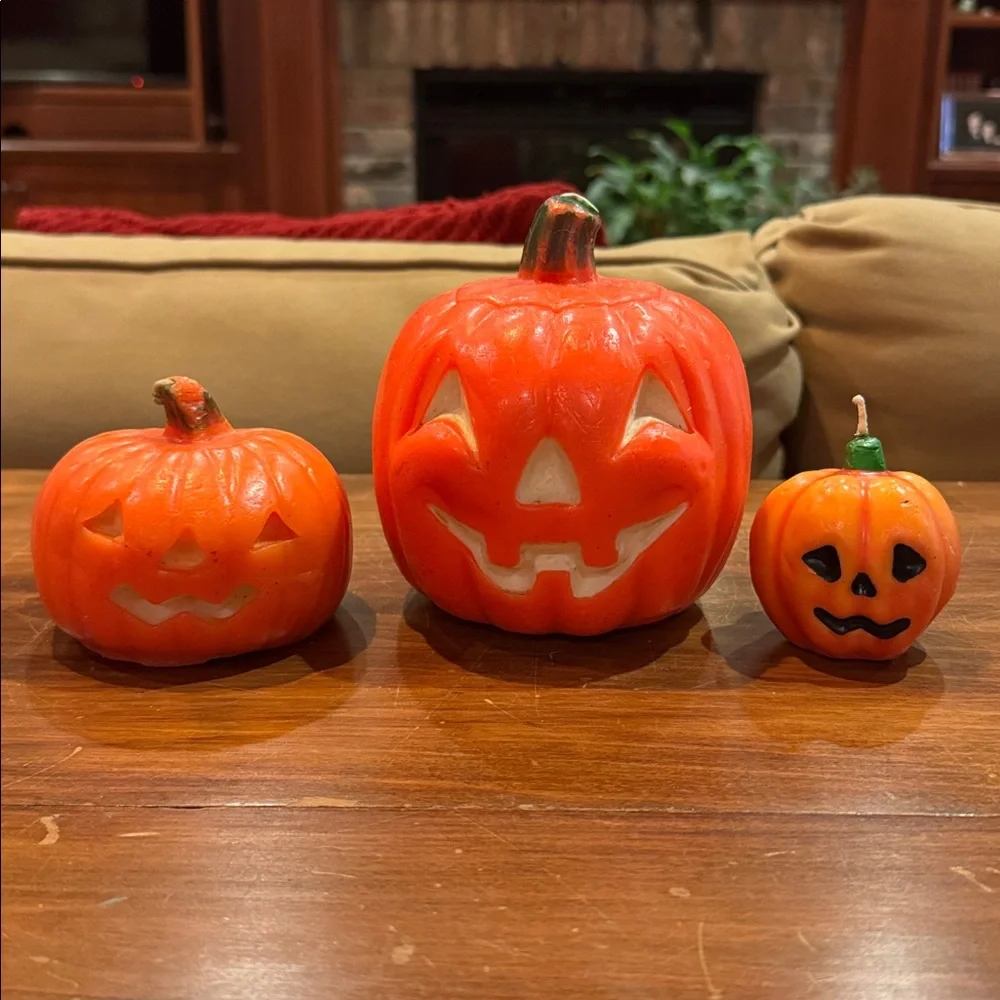 New GURLEY Rare Vintage Pumpkin Lot of 3 Candle Jack O Lantern Halloween Orange